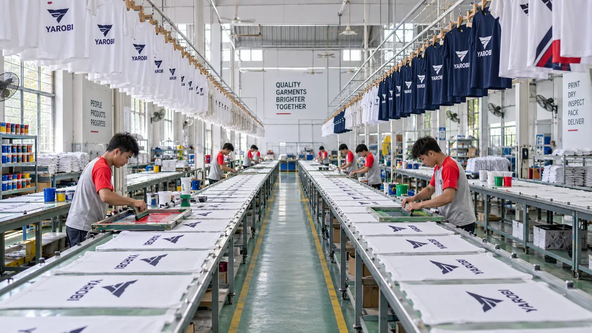 Screen printing lines with printed T-shirts drying overhead on a garment factory floor