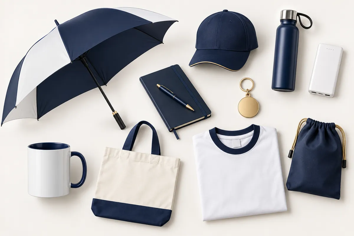 Navy and white promotional merchandise: umbrella, cap, notebook, bottle, mug, tote bag and T-shirt