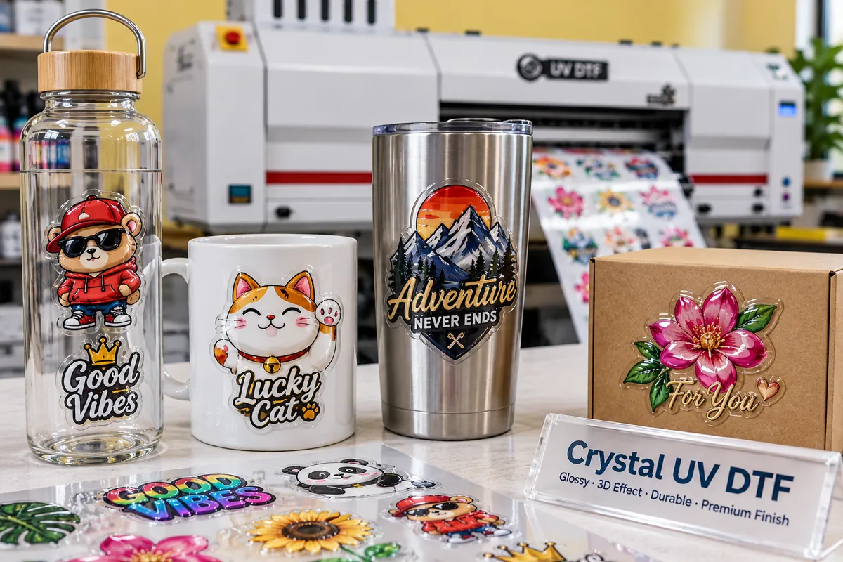 Crystal UV DTF stickers on a glass bottle, mug, tumbler and gift box