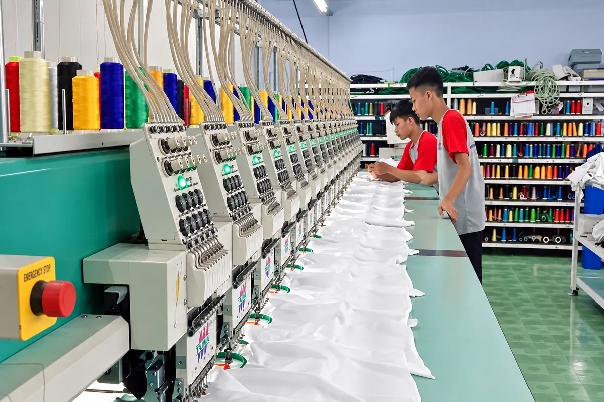 Row of computerized embroidery machines