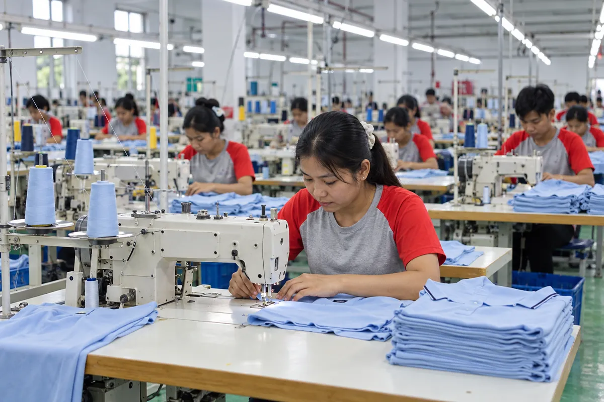 Sewing operators stitching light-blue polo shirts on a garment production line