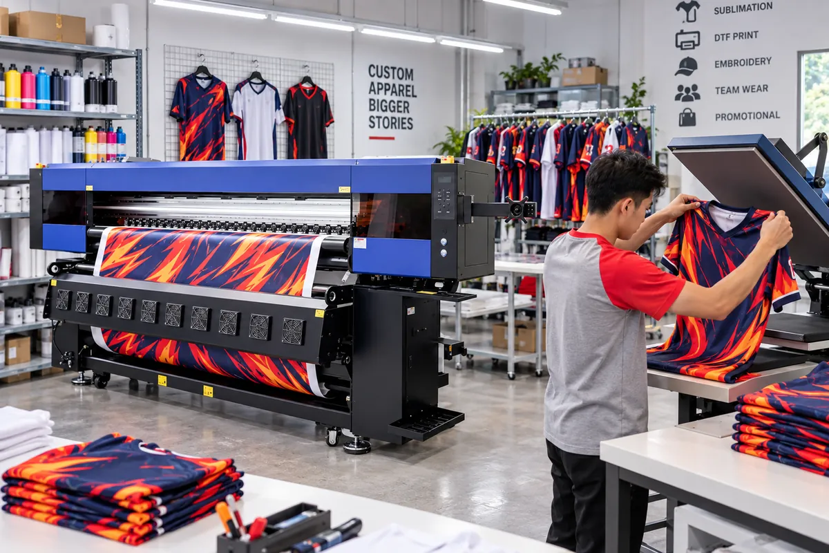 Sublimation printer printing a sportswear design beside a heat press with finished jerseys