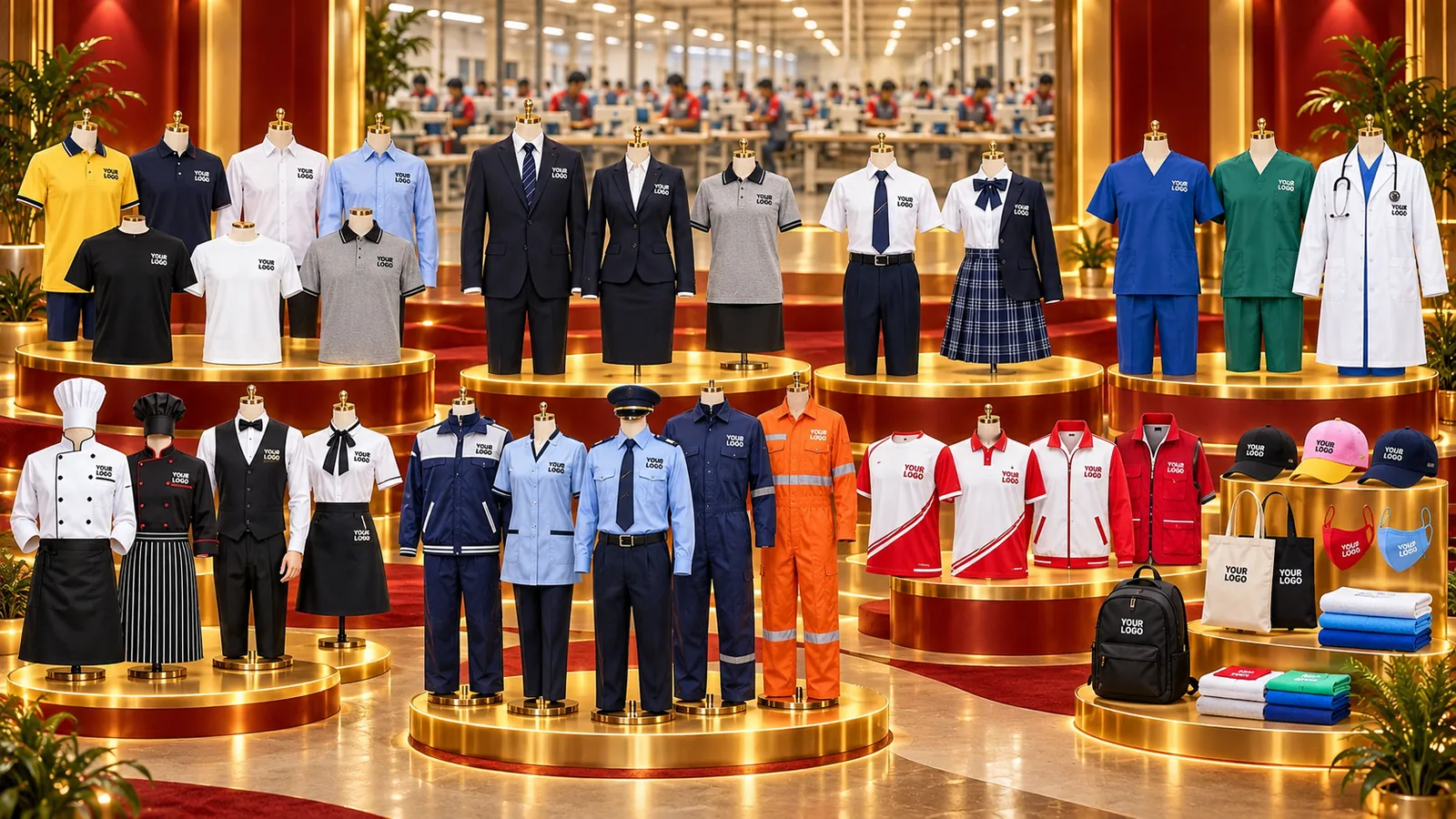 Showroom of custom uniforms on mannequins, from office polos and suits to school, medical, chef, security and event wear, each with a 'Your logo' placeholder